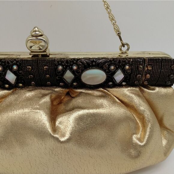 EUC VINTAGE FAYE MELLE Original Rhinestone Mother of Pearl Fluffy Gold Clutch - Picture 14 of 16